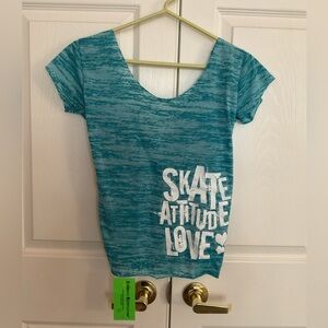 Tia’s Dancewear Skating Top S Burnout Aqua Butterfly Ruch Back NWT Raw Hem